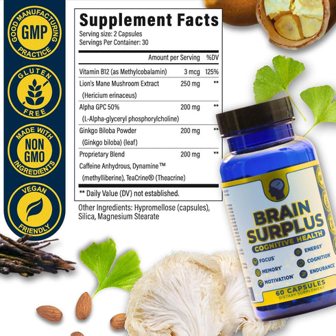 Nootropic Supplement for Memory, Focus, Energy: with Lions Mane, Ginkgo Biloba, Alpha GPC, Vitamin B12 Non GMO, Vegan, Gluten Free...