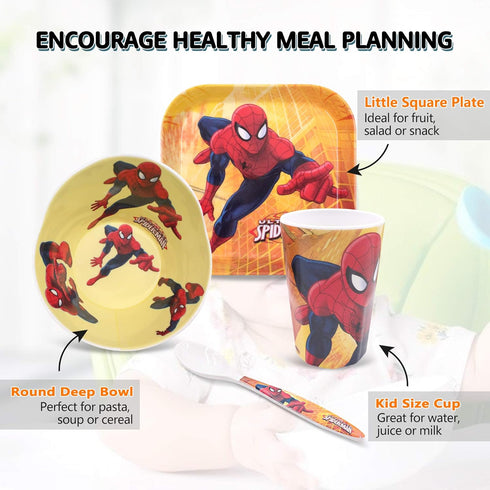 4 Pcs Set Cartoon Durable Tableware Meal Dishes Mealtime Food Feeding Eating Set includes Dinner Serving Bowl Plate Cup with a Matching Spoon and ...