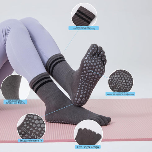 Grippy Yoga Socks for Women – Full Toe Cotton Crew Non Slip Sticky Grip Accessories for Yoga, Barre, Pilates, Dance, Ballet...