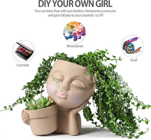 Face Planter Pot - Double Flower Pots in One for Indoor Outdoor Plants Resin Head Planter with Drainage Hole Cute Lady Face Plant Pots...