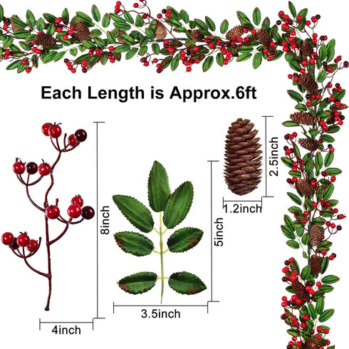 DearHouse 6FT Red Berry Christmas Garland with Pine Cone Garland Artificail Garland Indoor Outdoor Garden Gate Home Decoration for Holiday Winter ...
