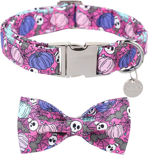 Halloween Dog Collar with Bow Tie, Pumpkin Cotton Bowtie Collar for Puppy Girl Dog or Cat, Halloween Bow Tie Collar with Durable Metal Buckle, Ado...