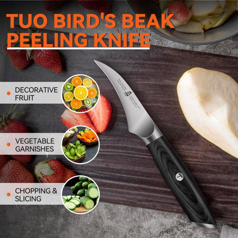 TUO Bird Beak Paring Knife, 2.75" Curved Paring Knife, Ultra Sharp Small Peeling knives with Riveted Ergonomic Pakkawood Handle, High Carbon Germa...