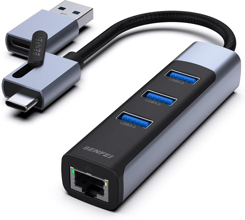 BENFEI 2-in-1 USB-C USB 3.0 to Gigabit Ethernet Adapter, 3-Port USB 3.0 Hub with RJ45 Compatible with MacBook Pro/Air 2023, iPad Pro, iMac, S23, X...