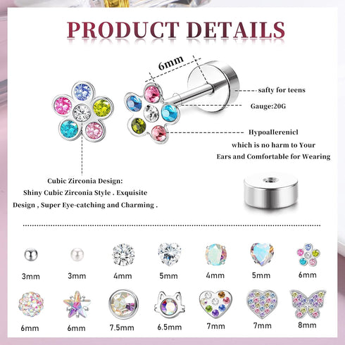 LOYALLOOK 14Pairs Hypoallergenic Screwback Earrings for Women Tiny CZ Pearl Ball Heart Flower Screw Back Earring Studs 316L Stainless Steel Stud E...