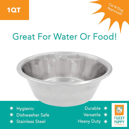 Standard Feeding Bowl for Every Pet Size, Fits into Raised Feeders, Metallic Silver, Stainless Steel, 1 Quart (STFD-1Q)...