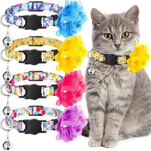 Weewooday 4 Pcs Spring Cat Collar for Girl Cats Gir Cat Collars Flower with Bell and Removable Floral Flower Patterns Adjustable Collar for Pets H...