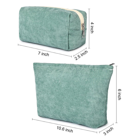 2 Pieces Corduroy Green Makeup Bag Large Corduroy Cosmetic Bag Capacity Canvas Travel Toiletry Bag Organizer Cute Makeup Brushes Aesthetic Accesso...