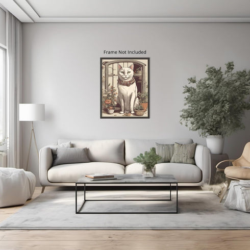 Posterizer 1 pcs- White cat sitting next to small pots-Art for Animal Lovers-Floral Botanical Art- Gift for Men Women Entrepreneur Teens-Living Ro...