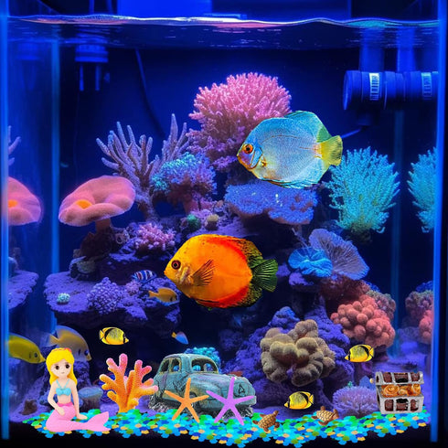 Fish Tank Aquarium Decoration Set, Mini 100pcs Glowing Pebbles Liminous Rocks, Teatle Mermaid Starfish Coral Treasure Chest Ornaments for Micro La...