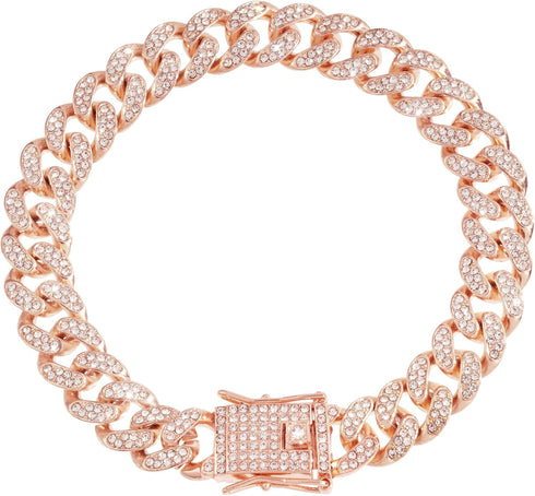 Lystaii Dog Chain Cuban Diamond Link Rose Gold Pink Crystal Collar Jewelry Accessories Pet Necklace with Walking Metal Collar Design Secure Buckle...