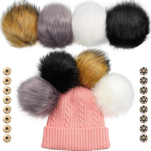 Juinte 8 Pcs 6 Inch Large Fur Pom Pom Balls for Hats Fluffy Faux Fur Pompom Balls with Snap Button for Hat Shoes Scarves Bag Charms DIY Crafts(Bla...