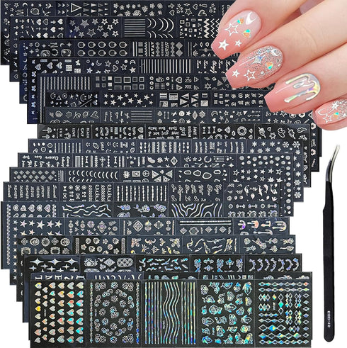 90 Sheets Silver Nail Art Stickers Holographic Laser Silver Nail Decals 3D Self Adhesive Nail Stickers for Nail Art Designs Star Line Flower Nail ...