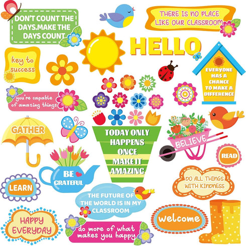 42 Pcs Spring Summer Bulletin Board Set Classroom Decorations Blooming Floral Positive Sayings Bulletin Boards Inspirational Cutouts Border for Sc...
