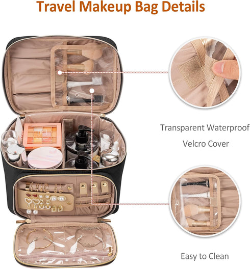 Travel Cosmetic Organizer Bag - Large Makeup Case with Jewelry Storage, Waterproof Toiletry Box for Cosmetics, Brushes, and Tools, Black...