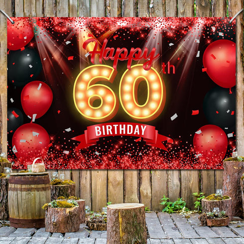Happy 60th Birthday Banner Backdrop Red and Black 60 Years Old Background Bday Decorations for Women Men Photography Party Supplies Glitter...