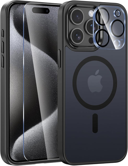 FNTCASE for iPhone 15 Pro-Max Case: Strong Magnetic Phone Case with Screen Protector | Camera Protector Translucent Matte Slim Shockproof Military...