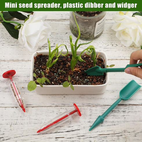 6pcs Seed Spreader Tool Set, Including 2 Small Seed Planter Sower Handheld Plastic 2 Mini Sowing Seed Dispenser 2 Tiny Seedlings Dibber and Widger...