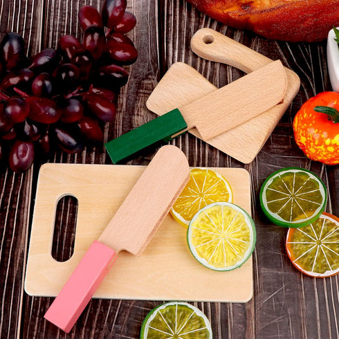 4 Pcs Wooden Kids Knives Cooking Utensils for Kitchen Cooking Children's Safe Knives Kids Cute Kitchen Tools with Rectangle Cutting Board for Cook...