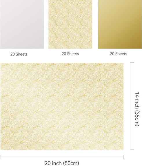 PAPER FAIR 102 Sheet Metallic Gold Foil Lace Floral Tissue Paper Set, 14x20 inch Wedding Wrapping Paper, 3 Style DIY Craft Art Paper for Gift Bag ...