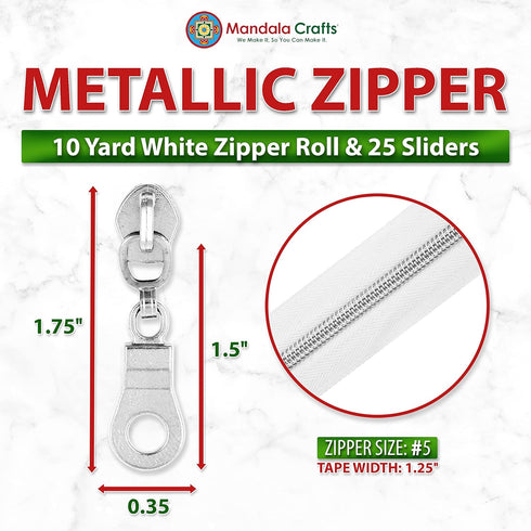 Mandala Crafts Metallic Silver Zipper Tape by The Yard #5 with Pulls - White Continuous Nylon Coil Upholstery Zippers Chain Roll for Sewing 10 Yar...