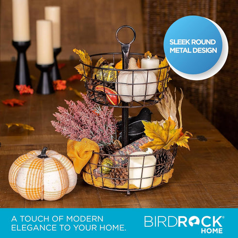 BIRDROCK HOME 2 Tier Wire Fruit Basket | Round Metal Standing Baskets | Fruit Vegetable Garlic Caddy | Freestanding Rustic Decorative Basket...