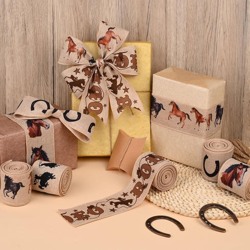 5Rolls Wild Horse Wired Ribbon Horse Head Equid Horseshoe Print Burlap Ribbon for Gift Wrapping Wreath Making for Farmhouse Birthday Horse Racing ...