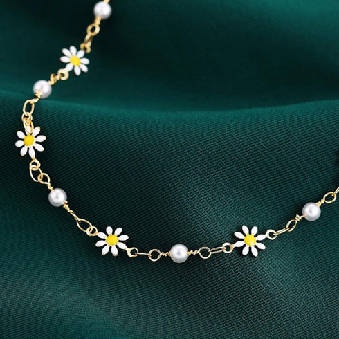 Bohemian Daisy Flowers Anklet for Women,Adjustable Layered Beach Foot Chain Pearl Ankle Bracelets Dainty Foot Jewelry Gifts...