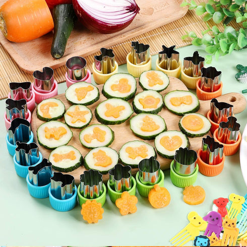 24 pcs Vegetable Cutter Shapes Sets Cookie Cutters Fruit Stamps Mold with 20 pcs Food Picks and Forks for Kids...