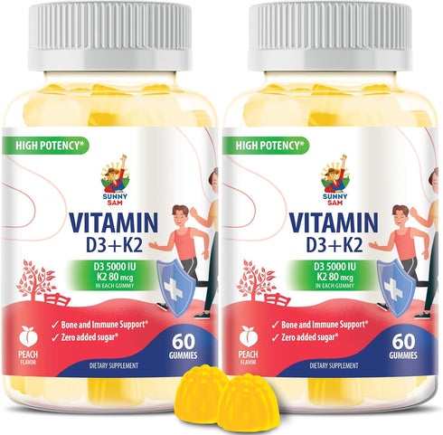 Vitamin D3 K2 Gummies 5000 IU - Immune & Bone Support - Sugar-Free Vitamin D Gummy Supplement - High-Absorption, Vegan, Gluten-Free Gummies for Ad...