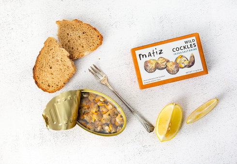 Matiz España Wild Cockles from Galicia, Spain in Natural Sea Salt Brine (4 oz.) Spanish Berberechos, Small Clams, Hand Packed, Size 45/55 (Pack of...