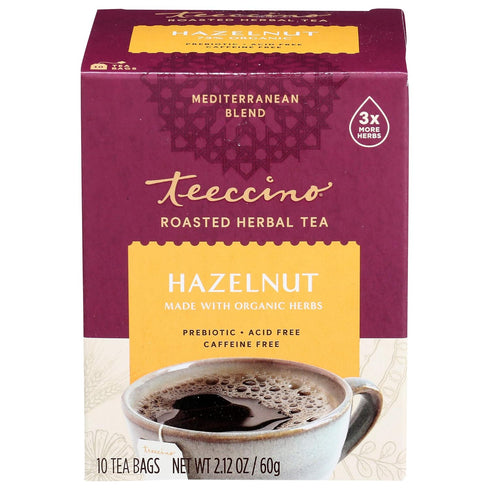 Teeccino Hazelnut Roasted Herbal Tea - Caffeine Free, Prebiotic, 3x More Herbs - 10 Tea Bags...