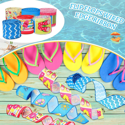 6 Rolls 30 Yards Summer Wired Ribbon Flip Flop Waves Polka Dot Stripe Fabric Decorative Ribbon Summer Themed Burlap Ribbons for Summer Wreath Bow ...