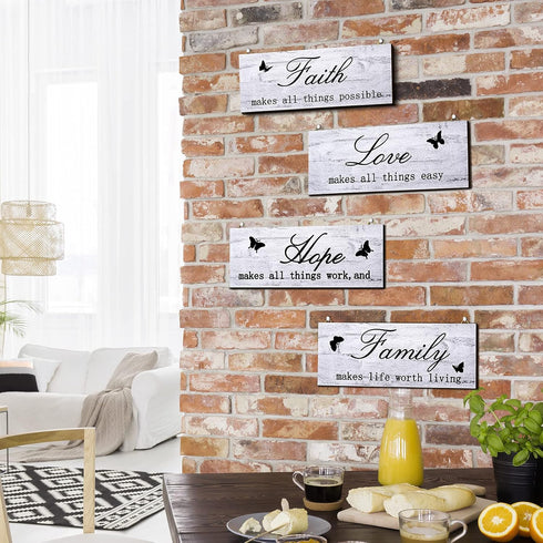 4 Pieces Faith Love Hope Family Wood Sign Farmhouse Wooden Family Sign with Quotes Faith Love Hope Family Home Sign Plaque Rustic Wooden Home Wall...