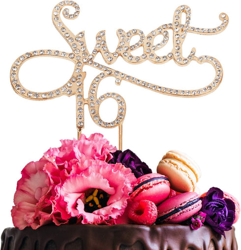 Sweet 16 Cake Topper for 16 Years Birthday Or 16th Wedding Anniversary Crystal Rhinestone Party Decoration Silver (Gold)...