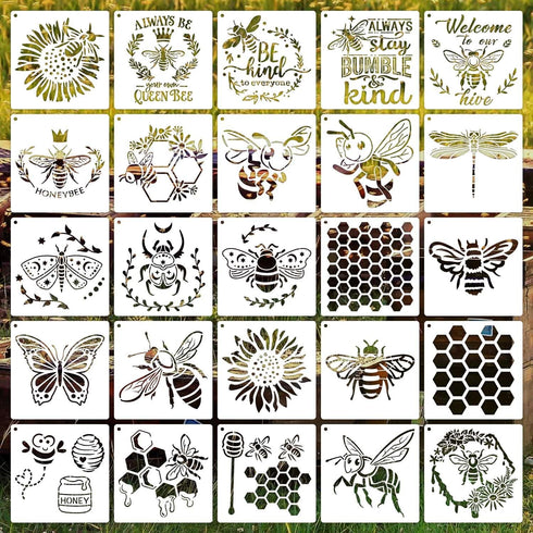6 Inch Bee Stencils Reusable Honeycomb Honey Stencils for Painting on Wood, 25 Pieces Bee Stencil DIY Craft Template for Painting on Furniture, Ca...