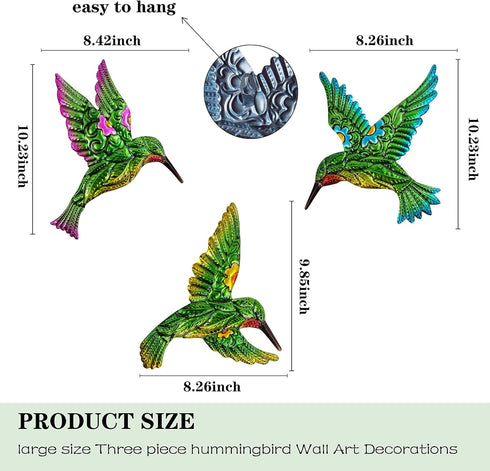 Yardancer Hummingbird Wall Art Decor 3pcs, Metal Hummingbird Decor Hanging for Bathroom Bedroom Living Room Kitchen Terrace -Wall Sculpture Art, H...