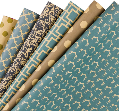 RUSPEPA Reversible Kraft Wrapping Paper Sheet - Navy Geometric Design Kraft Paper - 6 Sheets Packed as 1 roll - 17.5 x 30 inches per Sheet...