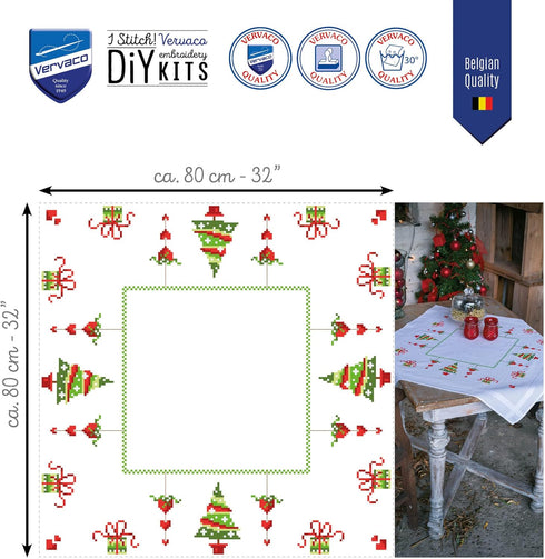 Vervaco Cross Stitch Kits for Adults, Tablecloth, Embroidery with Template, 100% cotton Embroidery Thread, 31.50 x 31.50 Inches, Christmas Trees.....