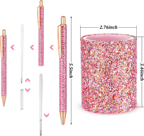Bling Sequin Pen Holder with 6 Pcs Sequin Click Pens Cute Sequin Glitter Retractable Ballpoint Pens, Pencil Cups for Desk Organizer Makeup Brush H...