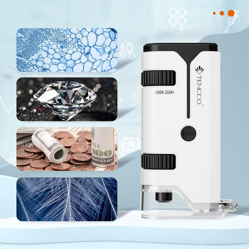 100x-250x Mini Pocket Microscope for Kids Adults, Protable Handheld Microscope with 5 Microscope Slides, Phone Adapter, Miniscope Portable Microsc...
