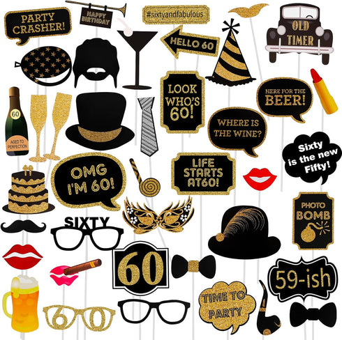 Adult 60th Birthday Photo Booth Props(41Pcs) for Her Him Cheers to 60 Years Birthday Party, Gold and Red Decorations, 60th Happy Birthday Party Su...