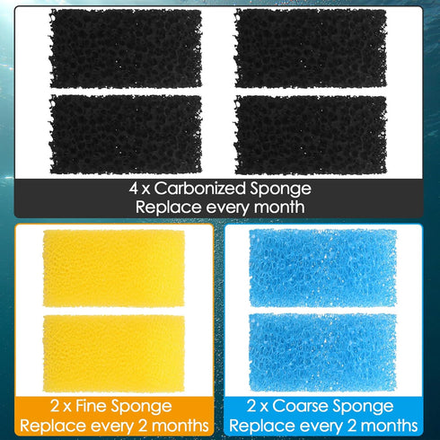 Replacement Aquarium Filter Sponge, Fish Tank Filter Replacement Parts, Including 2 x Coarse Sponge, 2 x Fine Sponge & 4 x Carbonized Sponge...