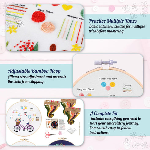 Embroidery Starter Kit for Beginners with Instructions, 3 Stamped Designs, 1 Bamboo Hoop, Thread Set, 9 Needles, Scissor, Threader, Seam Ripper......