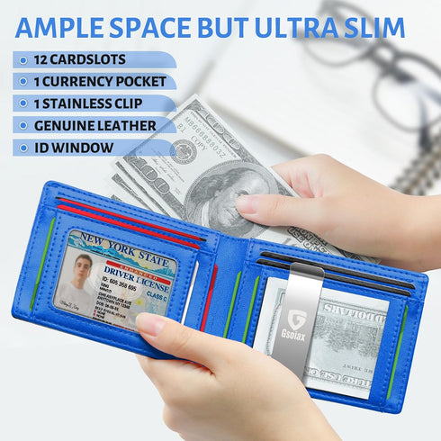 GSOIAX Slim Leather RFID Bifold Wallet for Men with Money Clip and 12 Credit Card Holders - Minimalist Front Pocket Wallet with ID Window, Cool Gr...