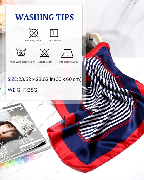Bonuci Sailor Scarf 23.62 x 23.62 Inch Silk Satin Flight Attendant Scarf Square Red White and Blue Stripe Scarf for Women...