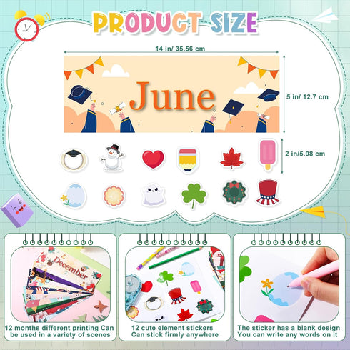 24 Pcs Holiday Monthly Headliners Set 12 Months of The Year Headers Monthly Bulletin Board Borders Seasonal Monthly Headers with 12 Holiday Sticke...