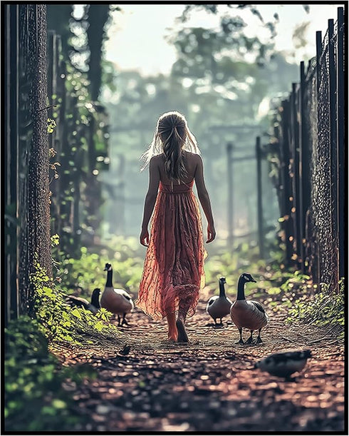 Posterizer 1 pcs-rustic village scene-girl with her ducks 1-Landscape & Nature Art-Art for Animal Lovers-Gift for Art Lovers- unframed wall art...