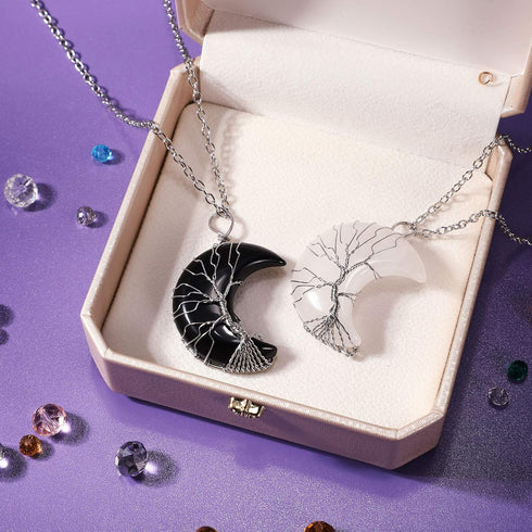 Hicarer 2 Pcs Life Tree Wire Wrapped Crescent Moon Pendant Necklace Crystal Quartz Jewelry Valentine's Day Gifts for Women...