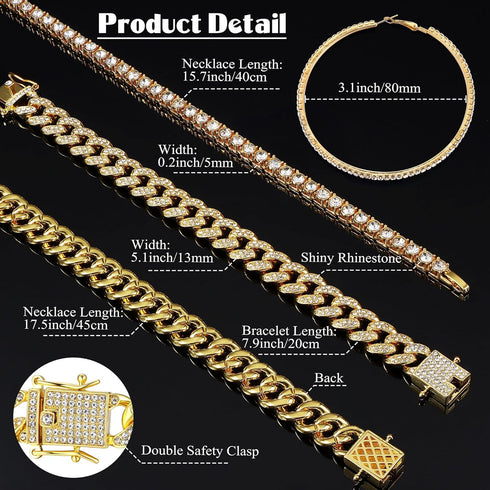 FINREZIO Cuban Link Chain Set for Women Silver Gold Thick Cuban Chain Necklace Bracelet Rhinestone Earrings Bling Clustered Heart Round Cuban Link...